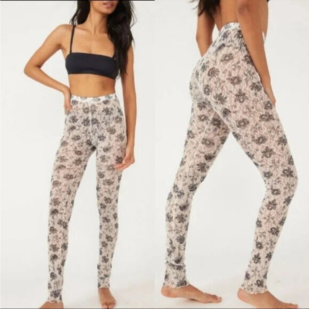 NWT Free People Floral Print Leggings - Layered In Lace Black and Ivory White